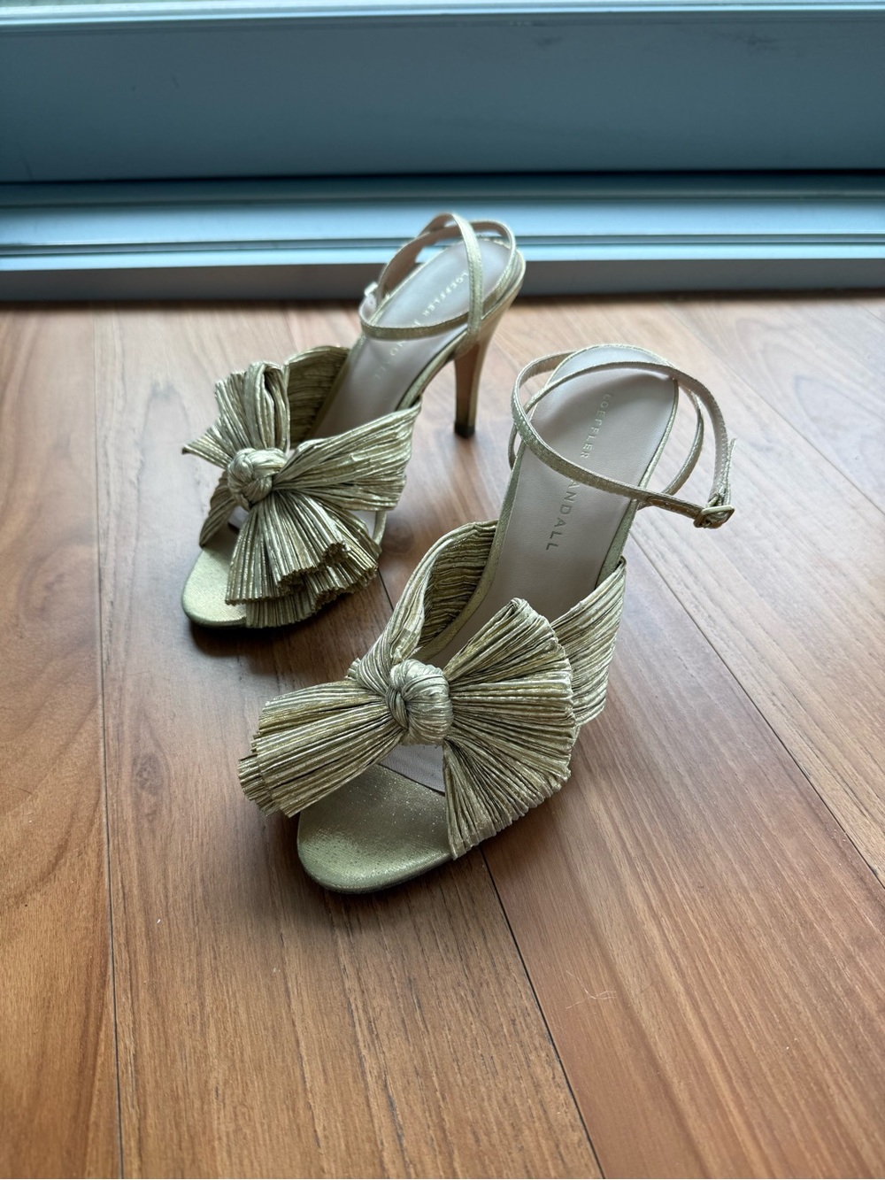 Loeffler Randall Metallic Gold Knotted Bow Ankle-Strap Heels